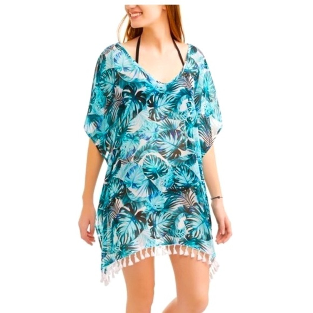 Beach Coverup with Crisscross Straps Fringe Blue Leaf Print Med